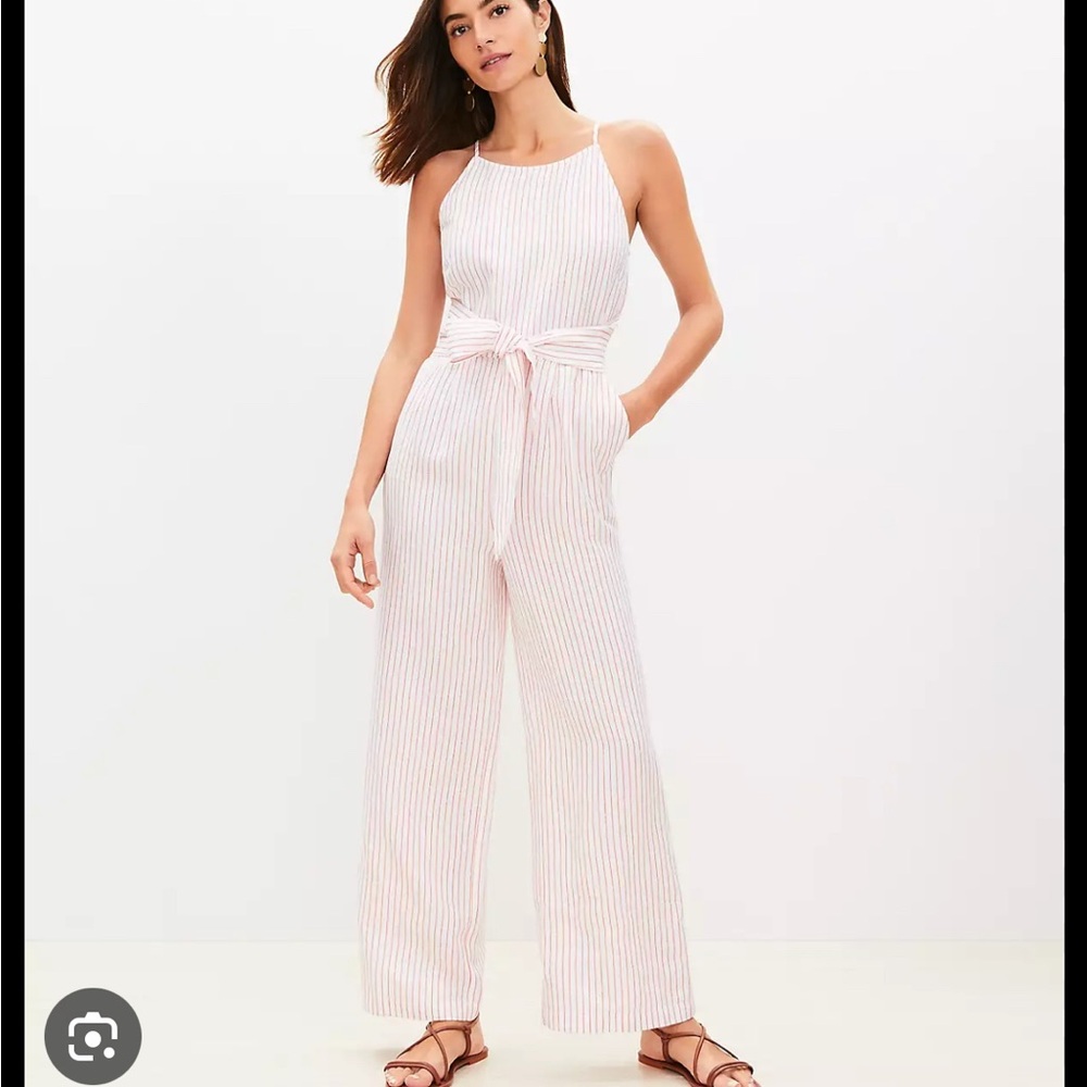 LOFT White and Red Striped Jumpsuit